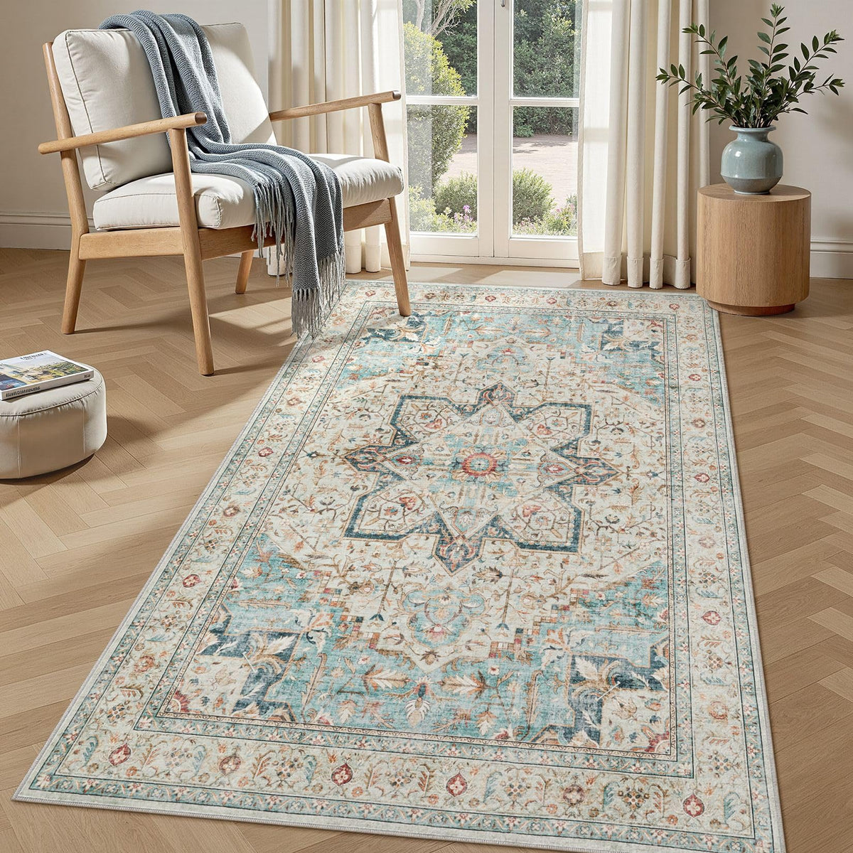 Tortania Area Rug 5x7 Living Room Rug Washable Soft Cream/Blue