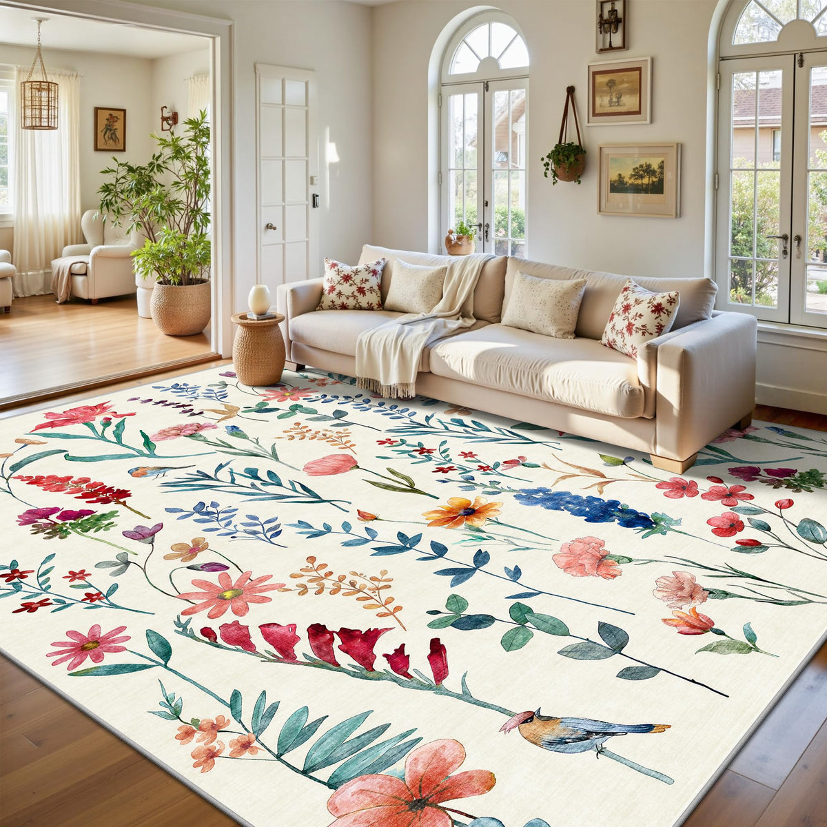 8x10 Area Rugs, Machine Washable Low Pile Floral Rugs for Living Room, Bedroom, Large Boho Area Rug with Non-Slip Backing for Dining Room(Beige Floral)