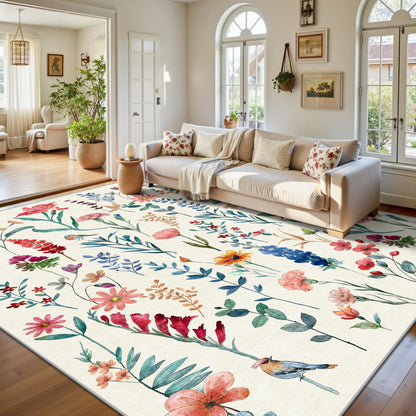 8x10 Area Rugs, Machine Washable Low Pile Floral Rugs for Living Room, Bedroom, Large Boho Area Rug with Non-Slip Backing for Dining Room(Beige Floral)