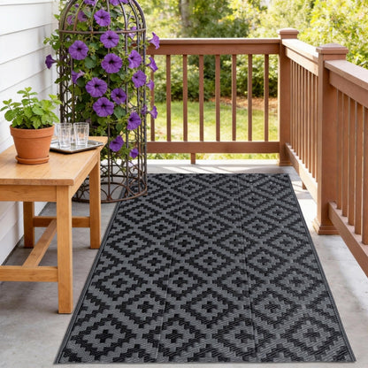 SAND MINE Waterproof Outdoor Rug 5x8 ft, Plastic Reversible Rug, Modern Area Rug, Large Floor Mat for Outdoors, RV, Patio, Backyard, Deck, Picnic, Beach, Camping, Black & Beige