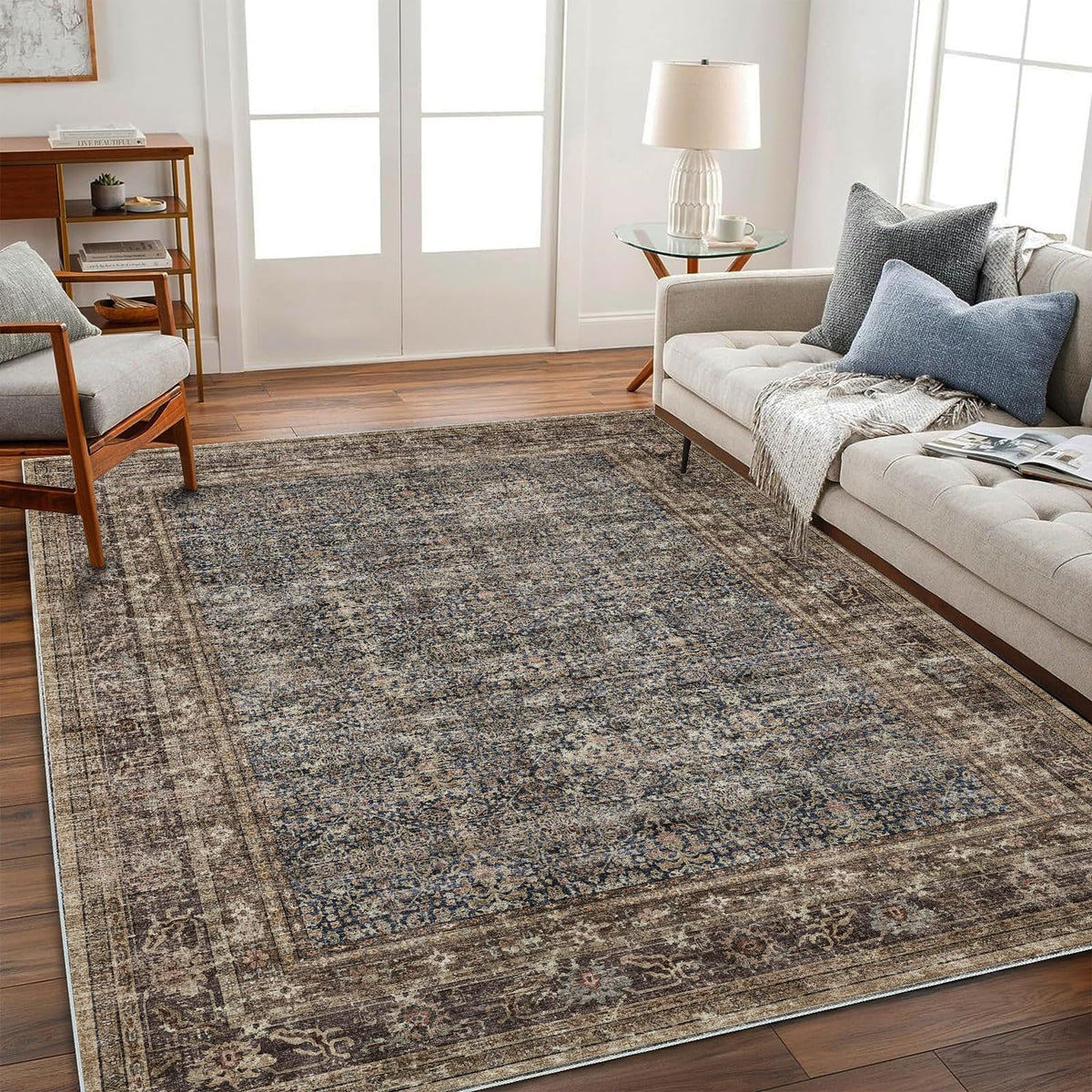 CHAMPLANT 6'x9' Washable Vintage Area Rug Boho Chic Medallion Distressed Design Non-Shedding Easy Care Ideal for High Traffic Areas in Living Room Bedroom Kitchen Office Large Carpet