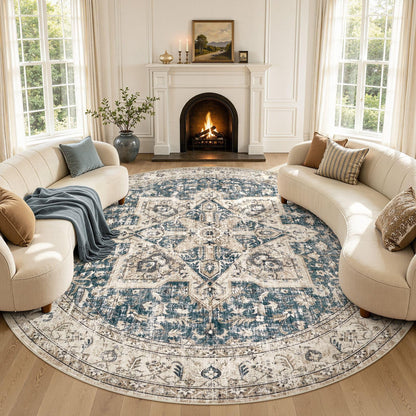Tortania Area Rug 5x7 Living Room Rug Washable Soft Cream/Blue