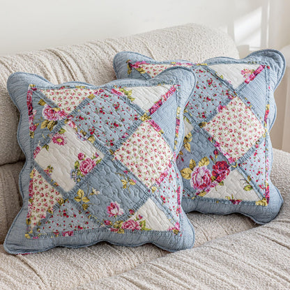 vctops Set of 2 Quilted 100% Cotton Boho Throw Pillow Covers 18" x 18" Farmhouse Country Floral Patchwork Decorative Cushion Cover, Patchwork Flower M