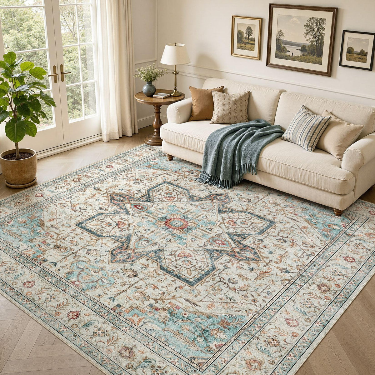 Tortania Area Rug 5x7 Living Room Rug Washable Soft Cream/Blue