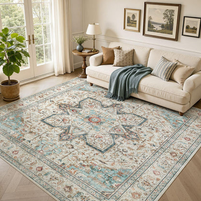 Tortania Area Rug 5x7 Living Room Rug Washable Soft Cream/Blue