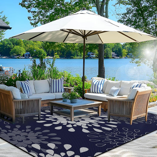Wallona Outdoor Rug 5x8 ft, Flower Blue & White