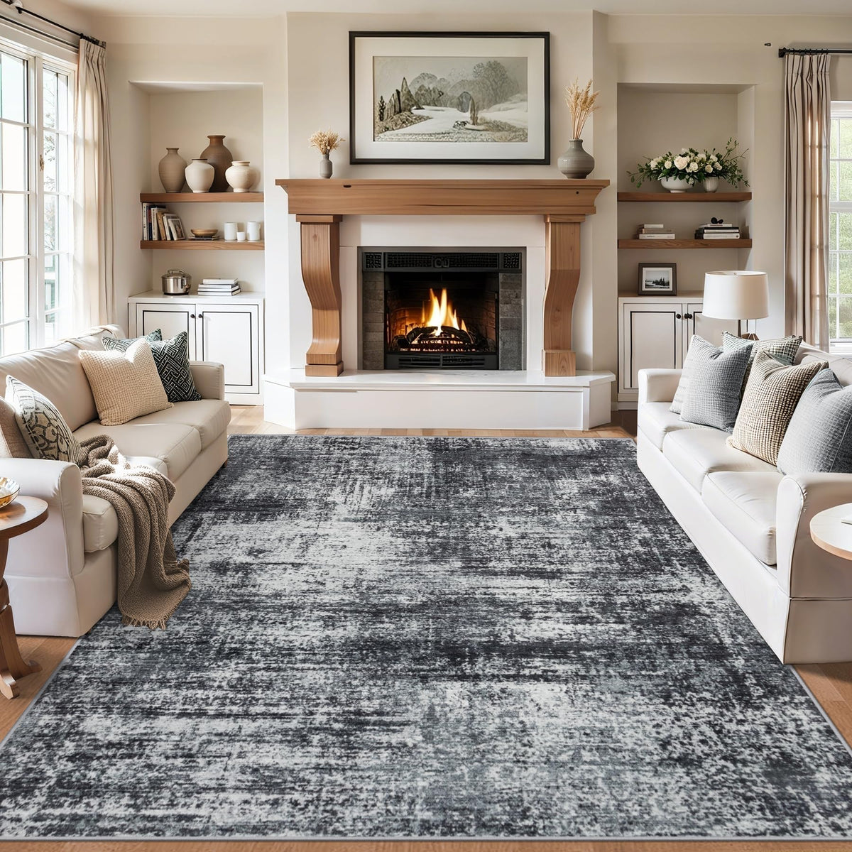 PLHXFR 6x9 Area Rug Living Room: Abstract Washable Carpet Brown Black