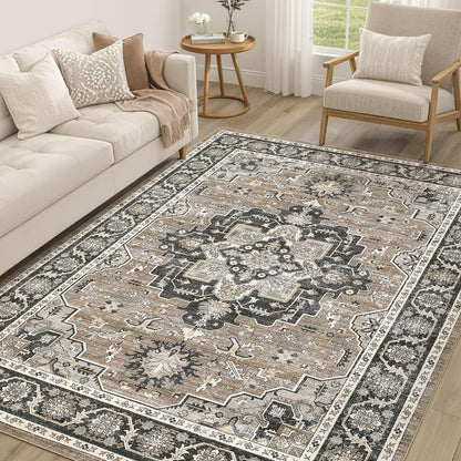 cotiled 5x7 Area Rug for Living Room, Washable, Traditional, Beige
