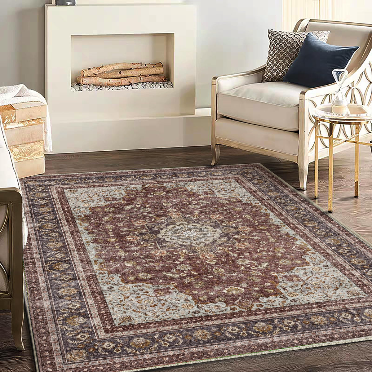 CHAMPLANT 6'x9' Washable Vintage Area Rug Boho Chic Medallion Distressed Design Non-Shedding Easy Care Ideal for High Traffic Areas in Living Room Bedroom Kitchen Office Large Carpet