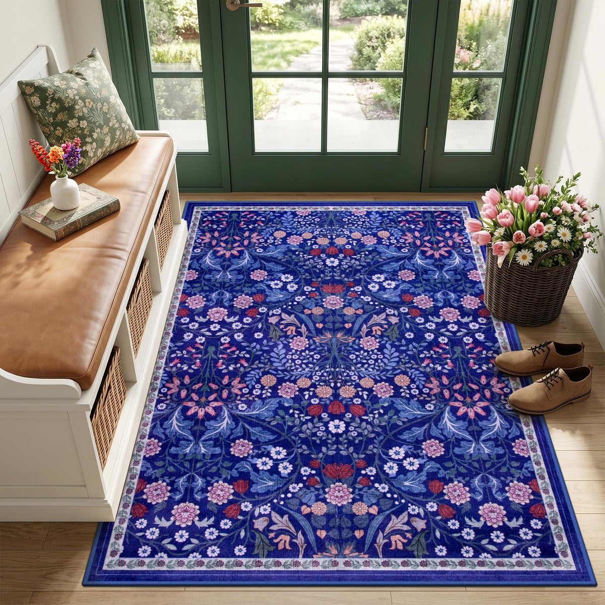PLHXFR Area Rug Living Room: 5x7 Floral Washable Boho Carpet Dark Green