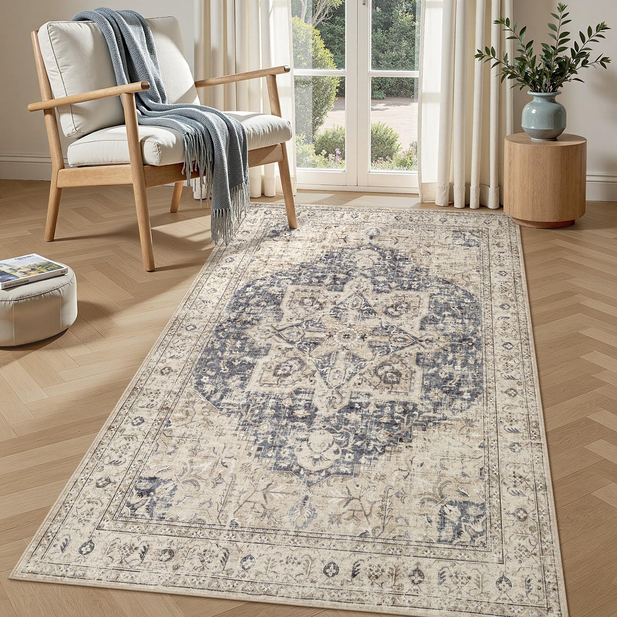Tortania Area Rug 5x7 Living Room Rug Washable Soft Cream/Blue