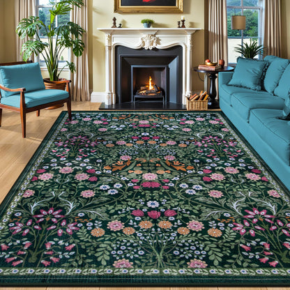 PLHXFR Area Rug Living Room: 5x7 Floral Washable Boho Carpet Dark Green
