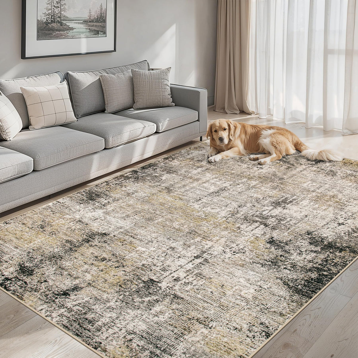 PLHXFR 6x9 Area Rug Living Room: Abstract Washable Carpet Brown Black