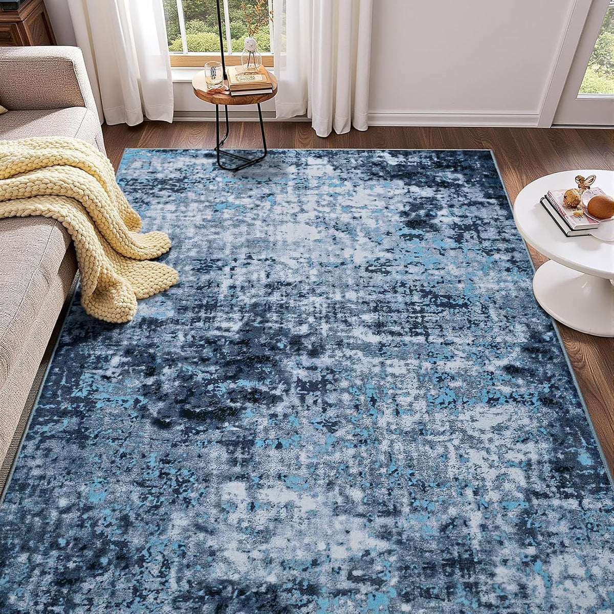 Modern Abstract 3x5 Rug, Non Slip Entryway Rug, Soft Machine Washable Rugs for Indoor Entry, Low Pile Stain Resistant Distressed Rug for Living Room, Bedroom, Dark Grey Blue