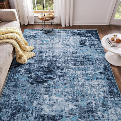 Modern Abstract 3x5 Rug, Non Slip Entryway Rug, Soft Machine Washable Rugs for Indoor Entry, Low Pile Stain Resistant Distressed Rug for Living Room, Bedroom, Dark Grey Blue