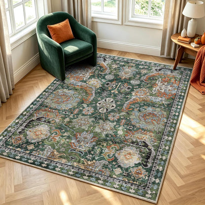 RUGSURE Washable Area Rugs - Perfect for Living Room, Bedroom, Kids Room, Nursery - Stain & Water Resistant Non-Slip, Pet & Child Friendly, Vintage Tribal Area Rugs (Green, 5' x 7')