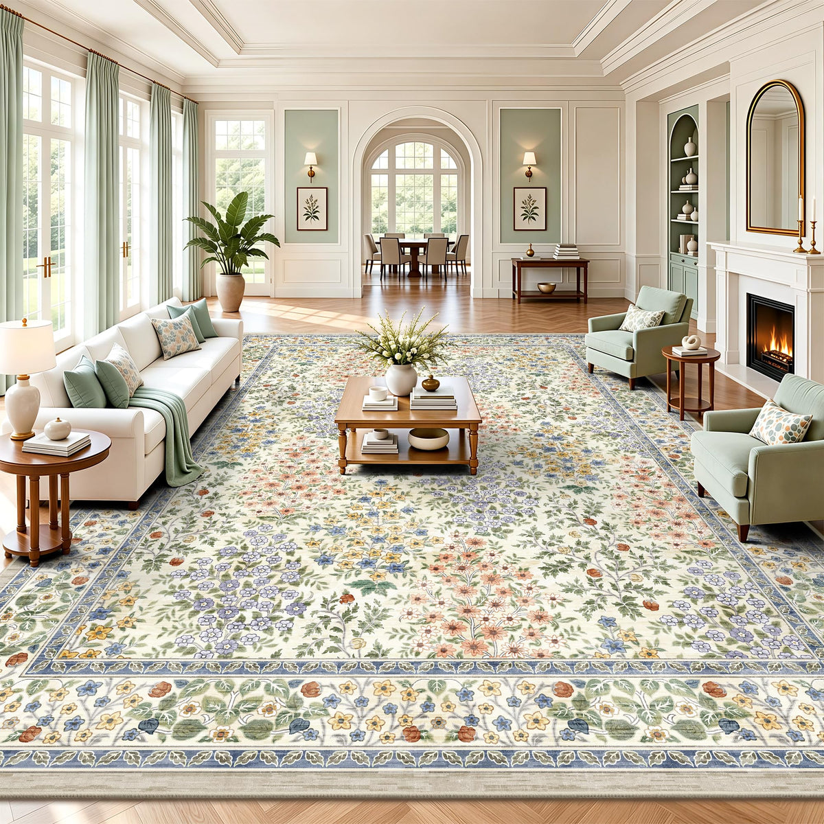 8x10 Area Rugs, Machine Washable Low Pile Floral Rugs for Living Room, Bedroom, Large Boho Area Rug with Non-Slip Backing for Dining Room(Beige Floral)