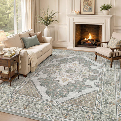 Tortania Area Rug 5x7 Living Room Rug Washable Soft Cream/Blue