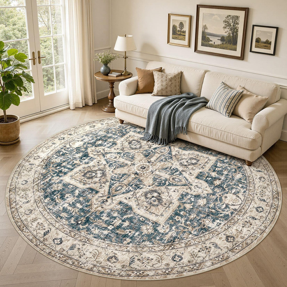 Tortania Area Rug 5x7 Living Room Rug Washable Soft Cream/Blue