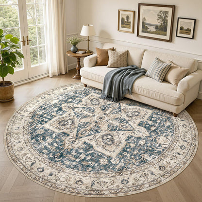Tortania Area Rug 5x7 Living Room Rug Washable Soft Cream/Blue