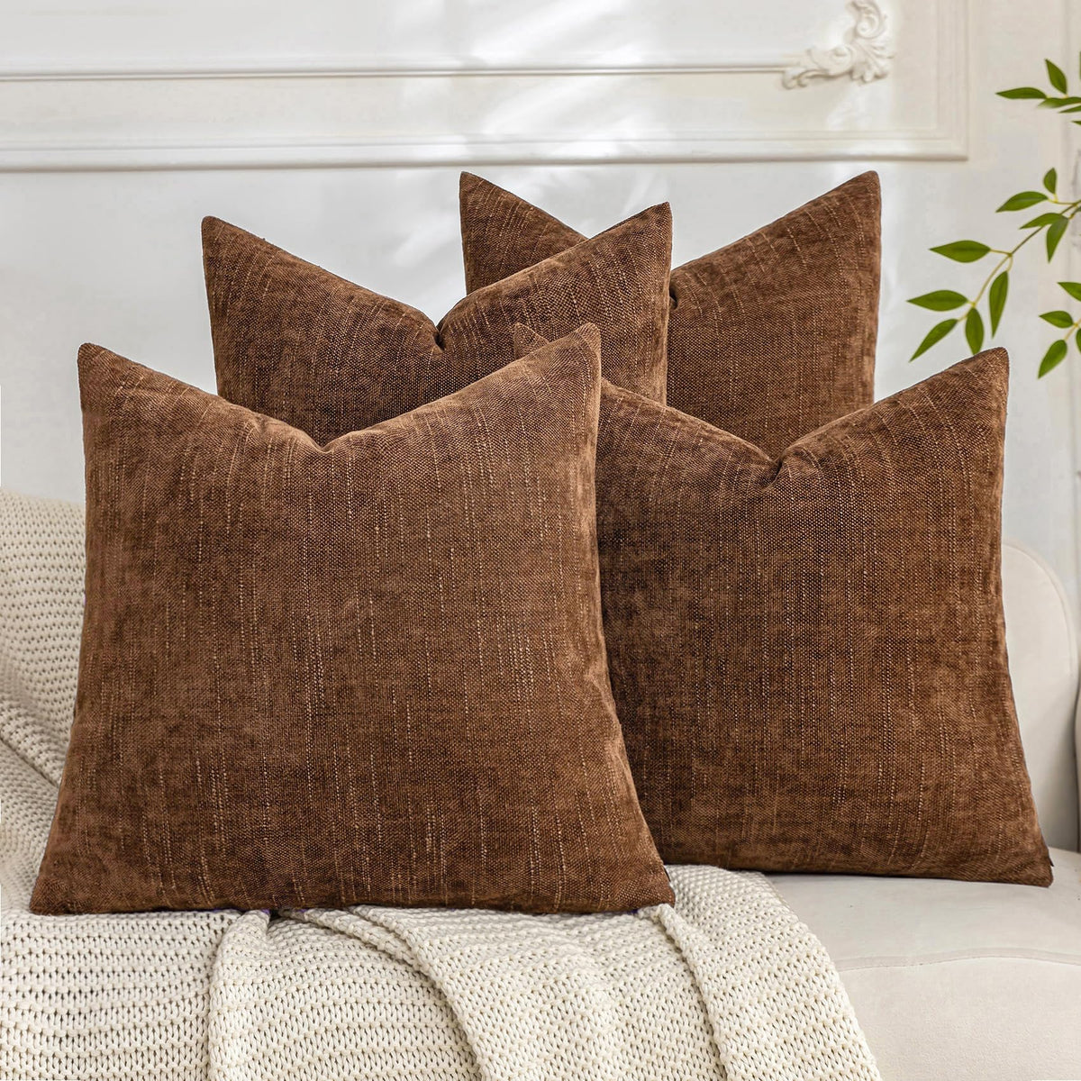 Set of 4 Soft Textured Throw Pillow Covers 18x18 Inch Cozy Decorative Farmhouse Cushion Cover Square Accent Pillow Cases for Bed Couch Sofa Living Room, Beige Taupe Brown