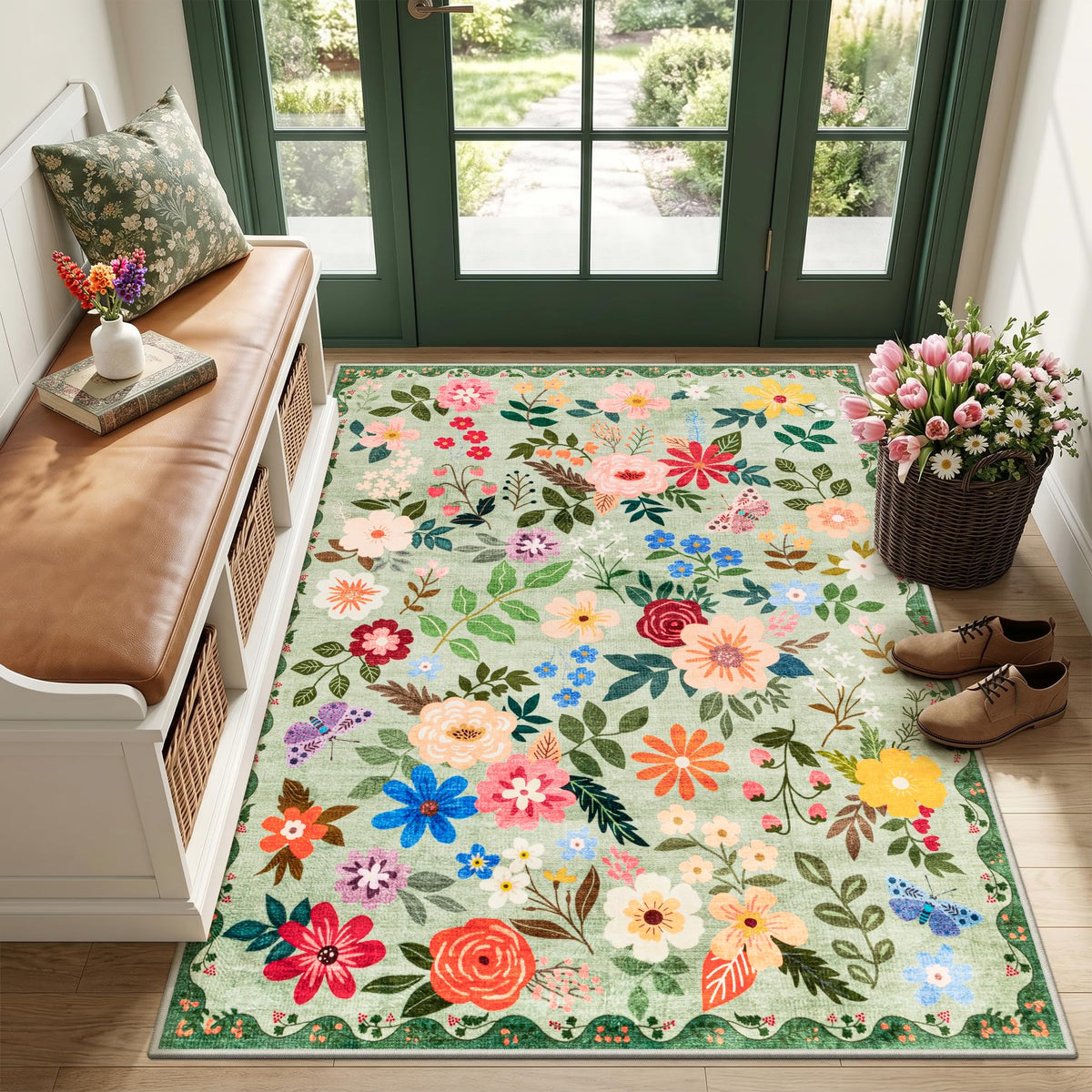 PLHXFR Area Rug Living Room: 5x7 Floral Washable Boho Carpet Dark Green