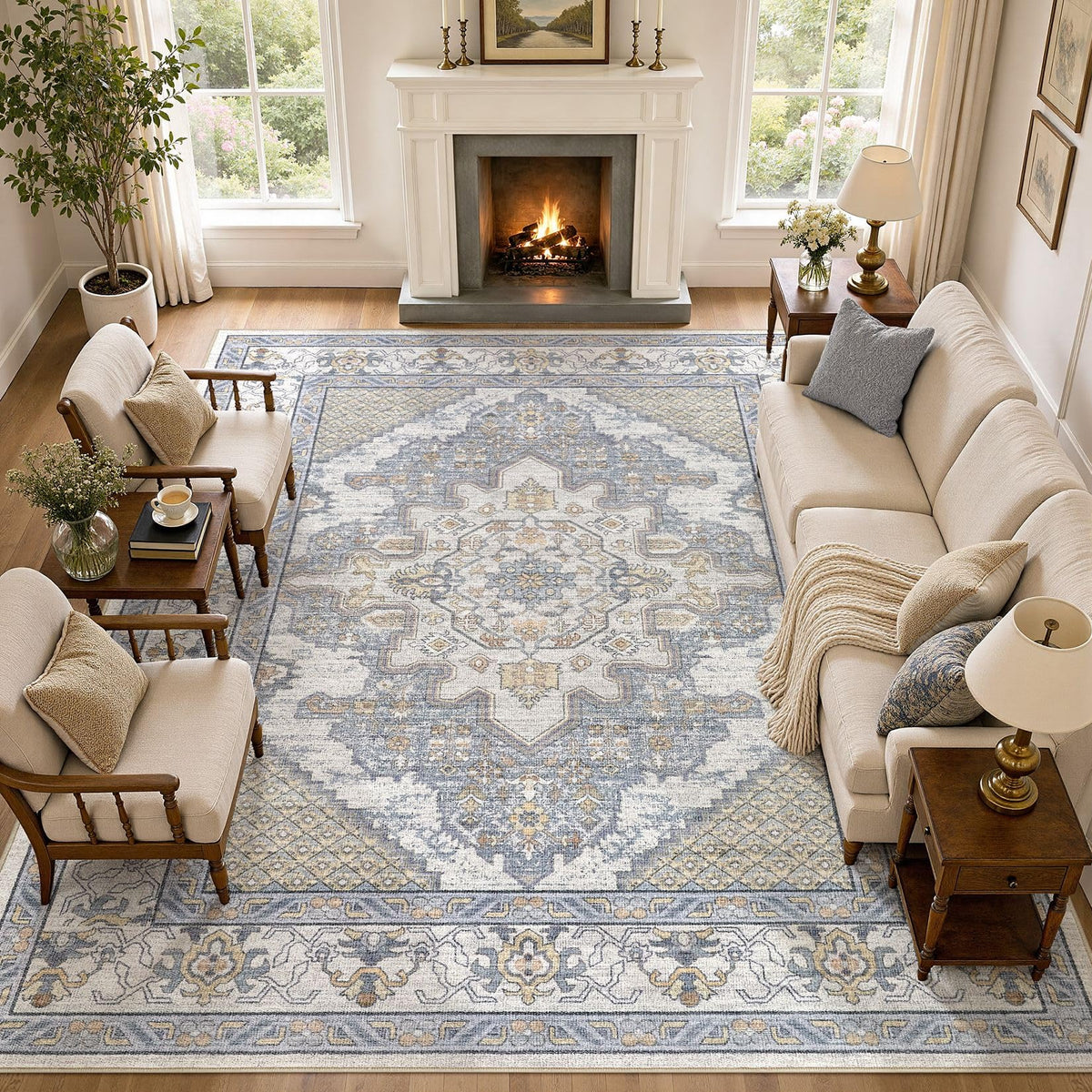Tortania Area Rug 5x7 Living Room Rug Washable Soft Cream/Blue