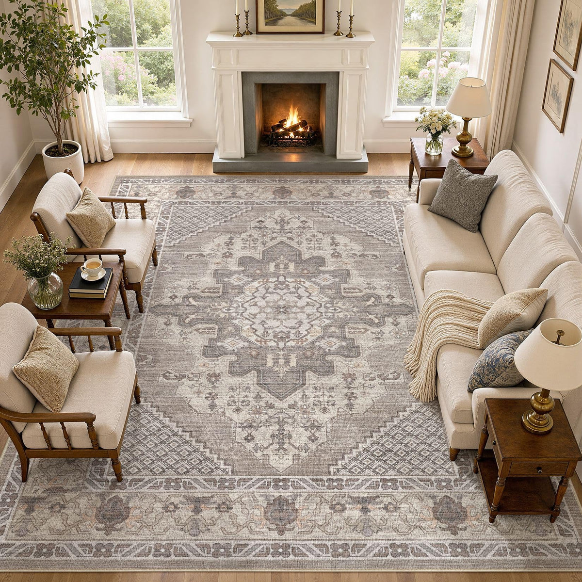 Tortania Area Rug 5x7 Living Room Rug Washable Soft Cream/Blue