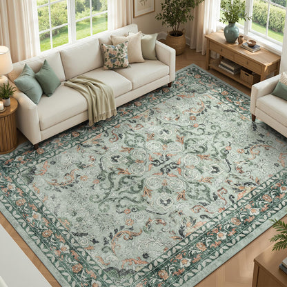 8x10 Area Rugs for Living Room Green Washable Non-Slip Large Carpet