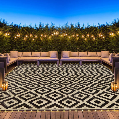 SAND MINE Waterproof Outdoor Rug 5x8 ft, Plastic Reversible Rug, Modern Area Rug, Large Floor Mat for Outdoors, RV, Patio, Backyard, Deck, Picnic, Beach, Camping, Black & Beige