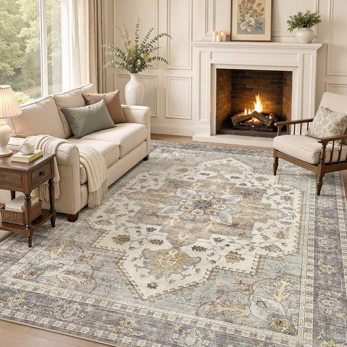 Tortania Area Rug 5x7 Living Room Rug Washable Soft Cream/Blue