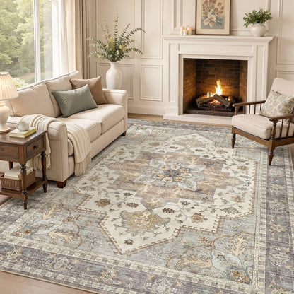 Tortania Area Rug 5x7 Living Room Rug Washable Soft Cream/Blue