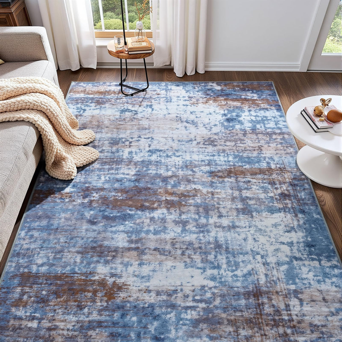 Modern Abstract 3x5 Rug, Non Slip Entryway Rug, Soft Machine Washable Rugs for Indoor Entry, Low Pile Stain Resistant Distressed Rug for Living Room, Bedroom, Dark Grey Blue