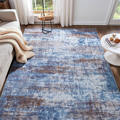 Modern Abstract 3x5 Rug, Non Slip Entryway Rug, Soft Machine Washable Rugs for Indoor Entry, Low Pile Stain Resistant Distressed Rug for Living Room, Bedroom, Dark Grey Blue