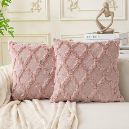 Set of 2 Soft Moroccan Throw Pillow Covers 18x18 Inch Plush Boho Decorative Pillow Cover Accent Cushion Case for Couch Sofa Bed, Beige
