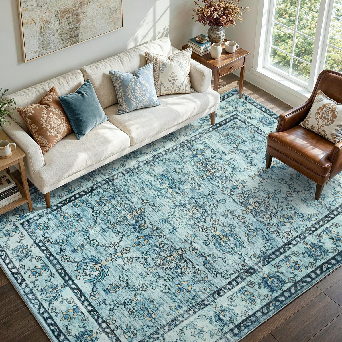 6x9 Ft Abstract Washable Area Rugs for Living Room Blue