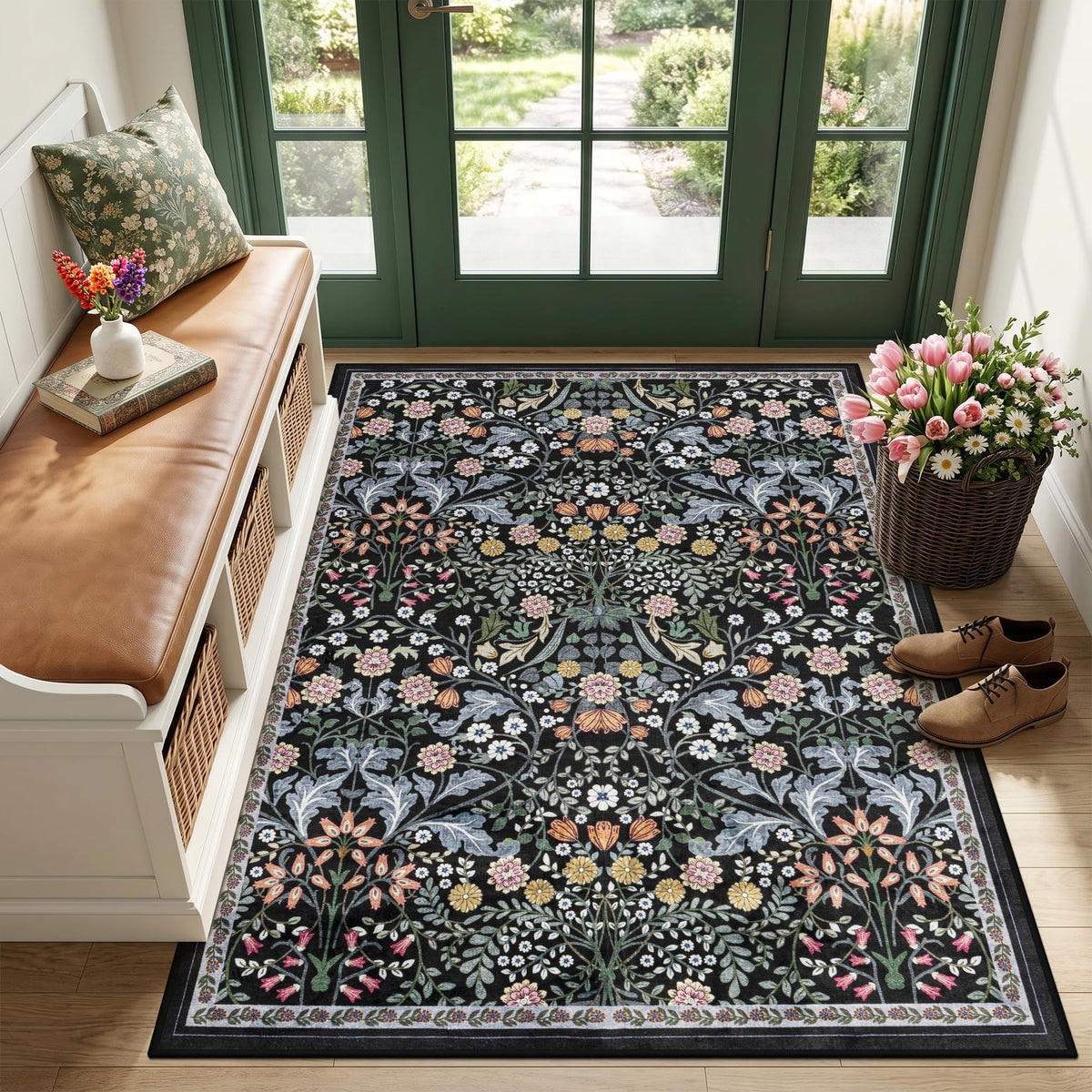 PLHXFR Area Rug Living Room: 5x7 Floral Washable Boho Carpet Dark Green