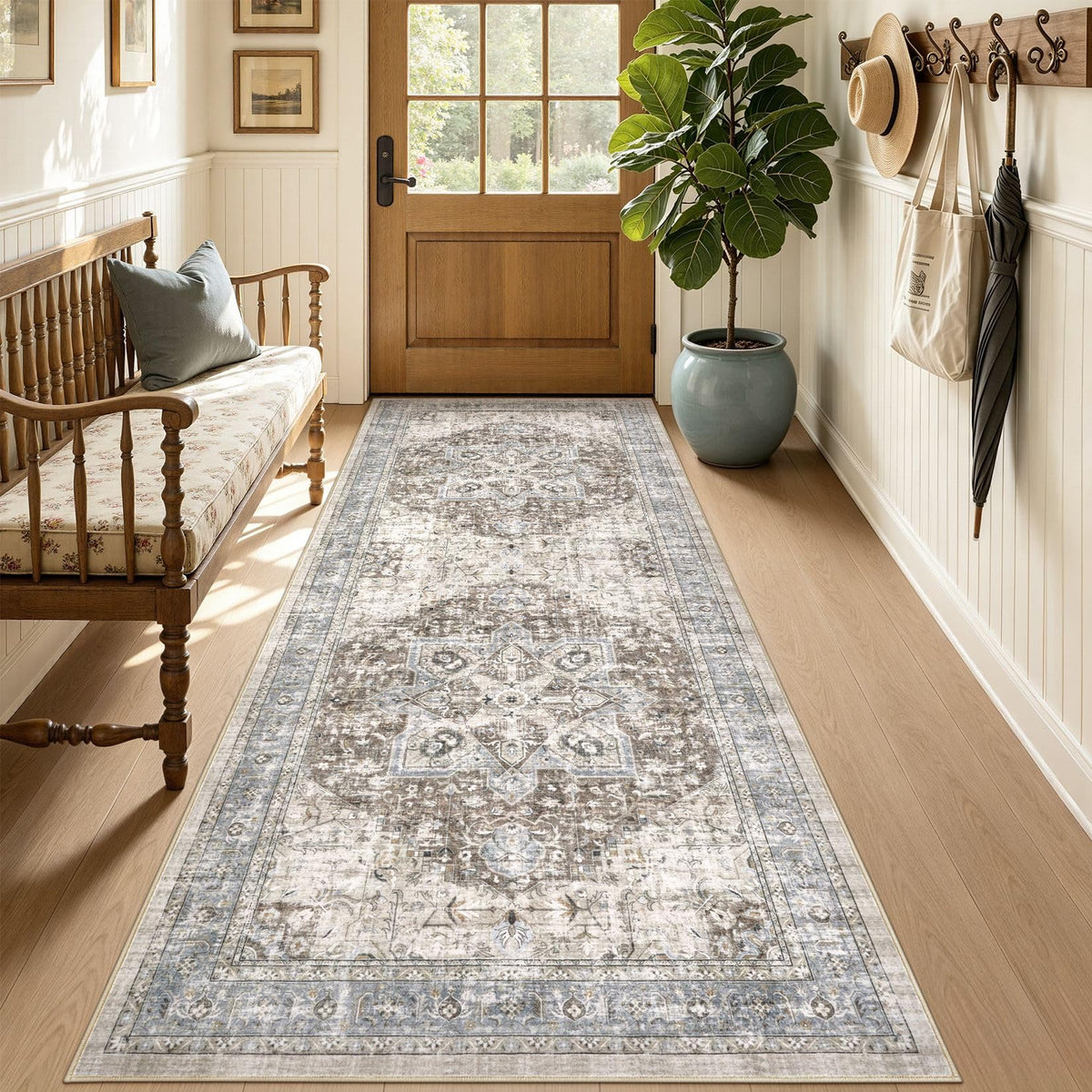 Tortania Area Rug 5x7 Living Room Rug Washable Soft Cream/Blue