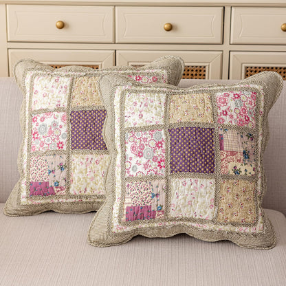 vctops Set of 2 Quilted 100% Cotton Boho Throw Pillow Covers 18" x 18" Farmhouse Country Floral Patchwork Decorative Cushion Cover, Patchwork Flower M