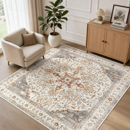 Tortania Area Rug 5x7 Living Room Rug Washable Soft Cream/Blue