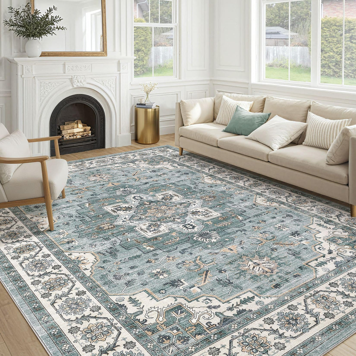 cotiled 5x7 Area Rug for Living Room, Washable, Traditional, Beige