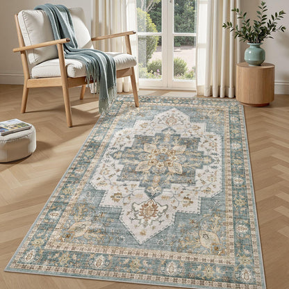 Tortania Area Rug 5x7 Living Room Rug Washable Soft Cream/Blue