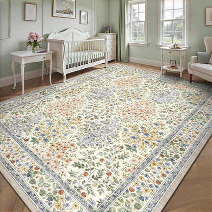 8x10 Area Rugs, Machine Washable Low Pile Floral Rugs for Living Room, Bedroom, Large Boho Area Rug with Non-Slip Backing for Dining Room(Beige Floral)