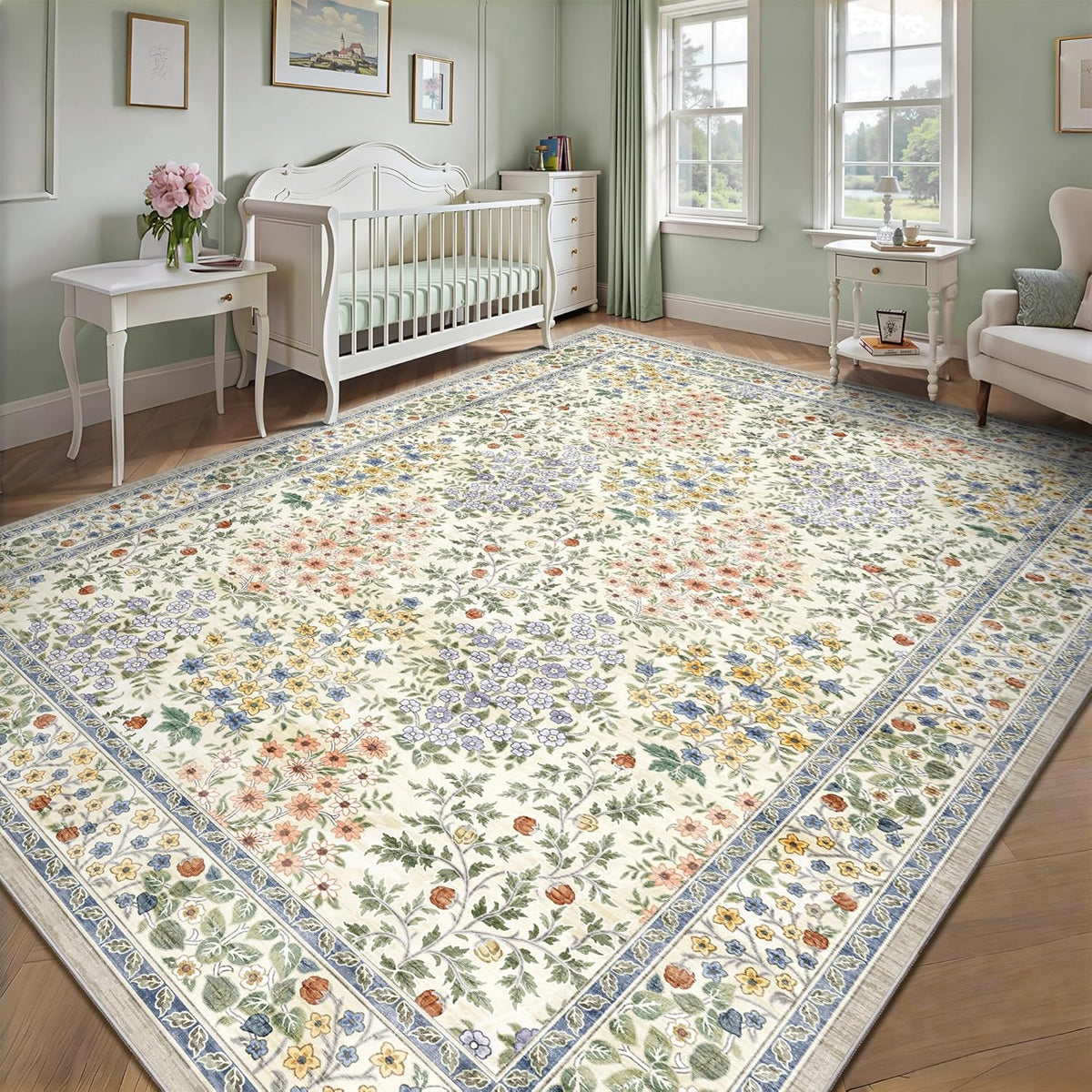8x10 Area Rugs, Machine Washable Low Pile Floral Rugs for Living Room, Bedroom, Large Boho Area Rug with Non-Slip Backing for Dining Room(Beige Floral)
