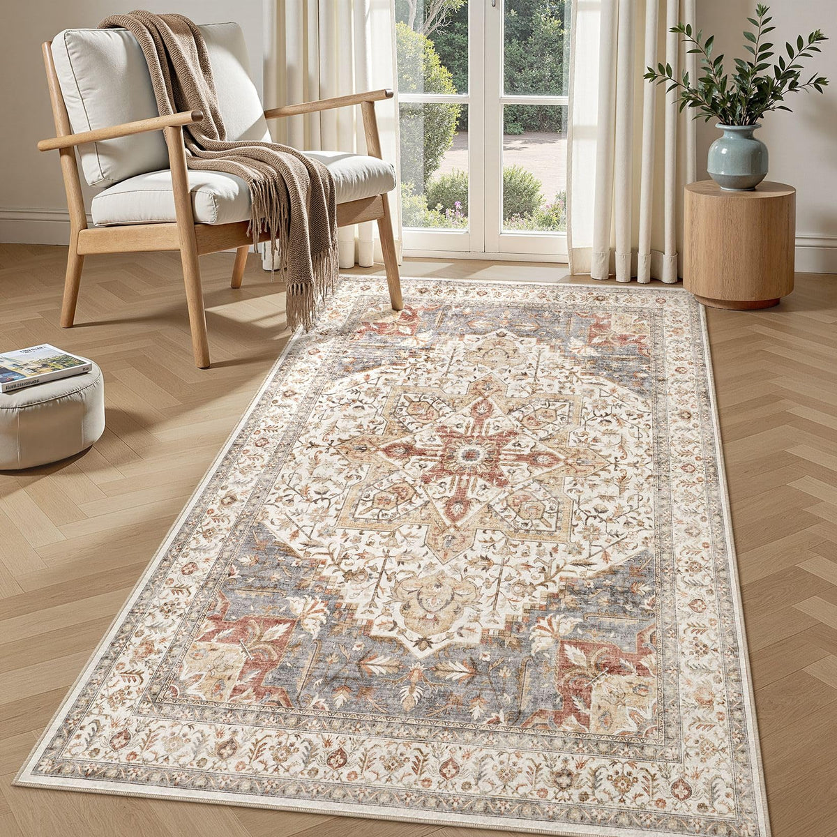 Tortania Area Rug 5x7 Living Room Rug Washable Soft Cream/Blue