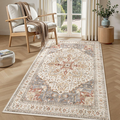 Tortania Area Rug 5x7 Living Room Rug Washable Soft Cream/Blue