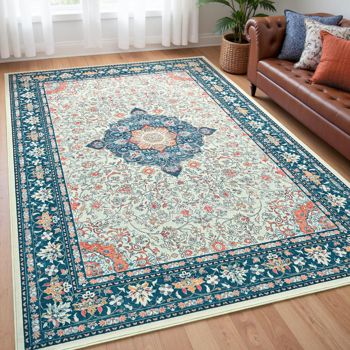 Goideal Washable Rug 4x6, Beige Area Rugs Non Slip, Indoor Low Pile Carpet with Rubber Backing for Living Room Kitchen Bathroom Entryway Office Bedroom