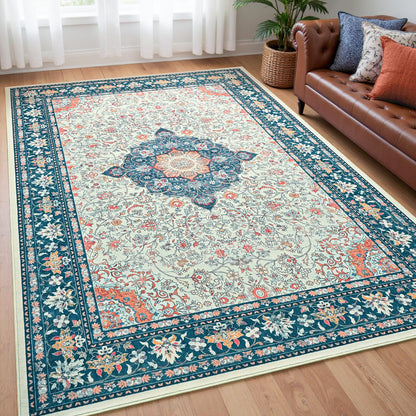 Goideal Washable Rug 4x6, Beige Area Rugs Non Slip, Indoor Low Pile Carpet with Rubber Backing for Living Room Kitchen Bathroom Entryway Office Bedroom