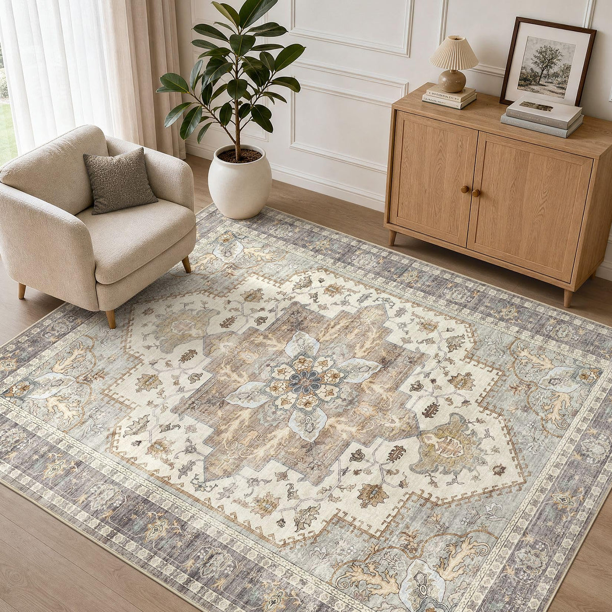 Tortania Area Rug 5x7 Living Room Rug Washable Soft Cream/Blue
