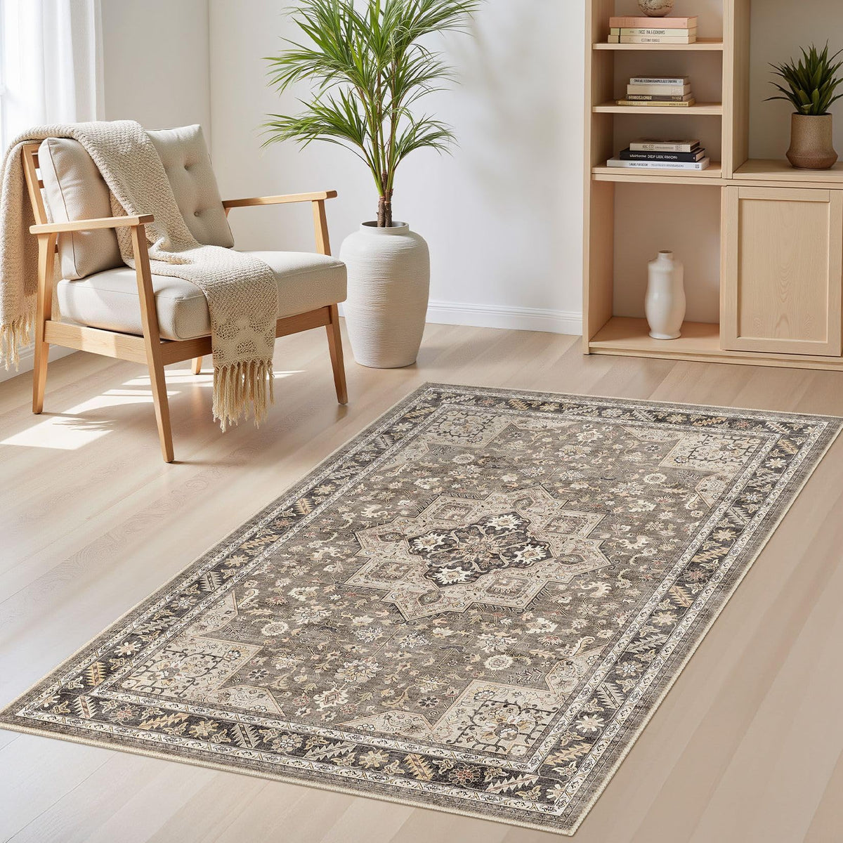 cotiled 5x7 Area Rug for Living Room, Washable, Traditional, Beige